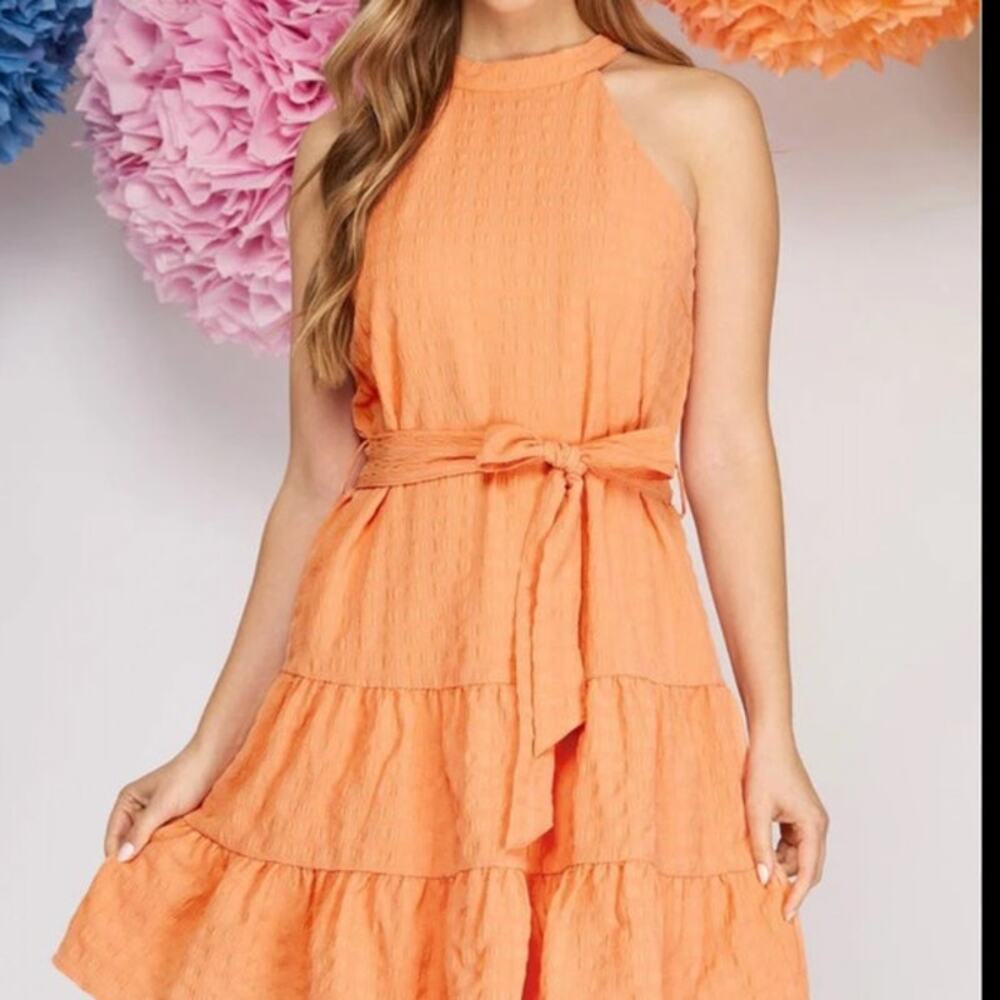 Peach Orange Dress Halter Textured Tiered Skirt‎ She And Sky NWT Size S Belted